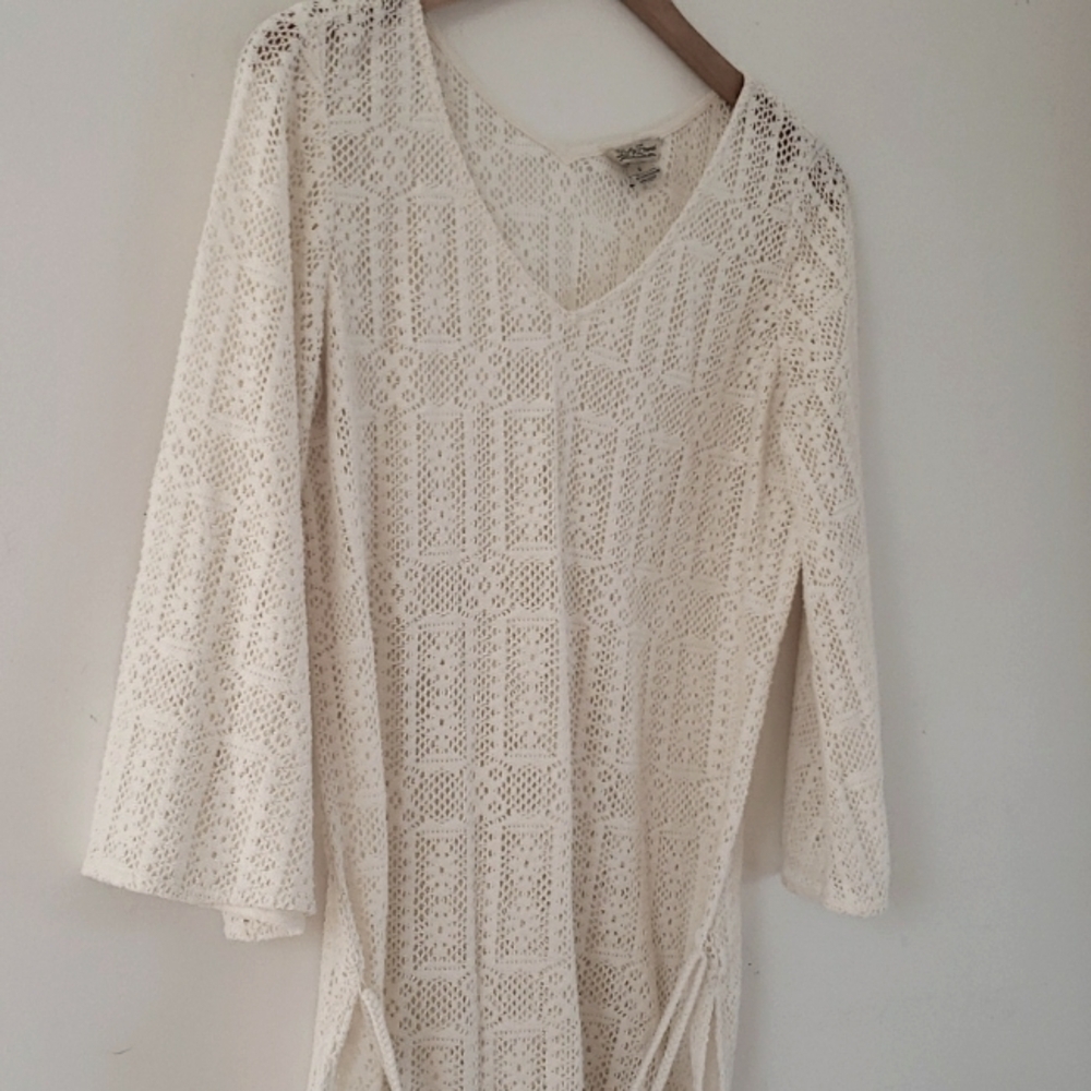Lucky Brand Crochet Cream Crochet V-Neck Pullover Tunic Sweater, Size S
